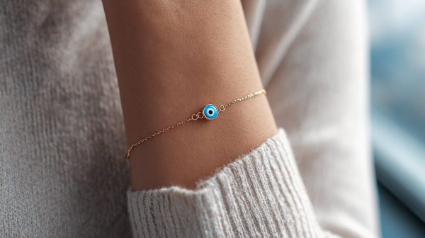 A modern evil eye charm bracelet worn on a left wrist.