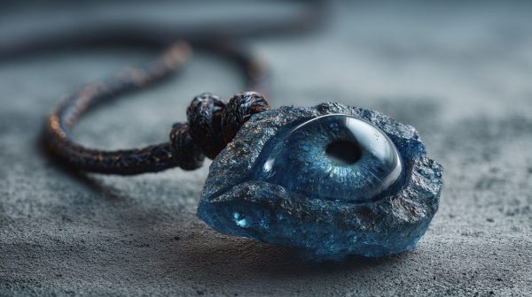 A raw, uncut blue glass evil eye amulet.