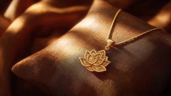 An elegant 18K gold lotus necklace on a velvet cushion.