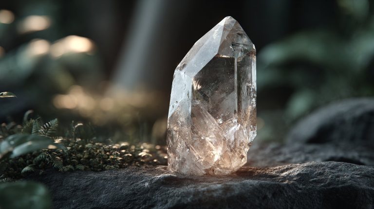 A raw, uncut clear quartz crystal.