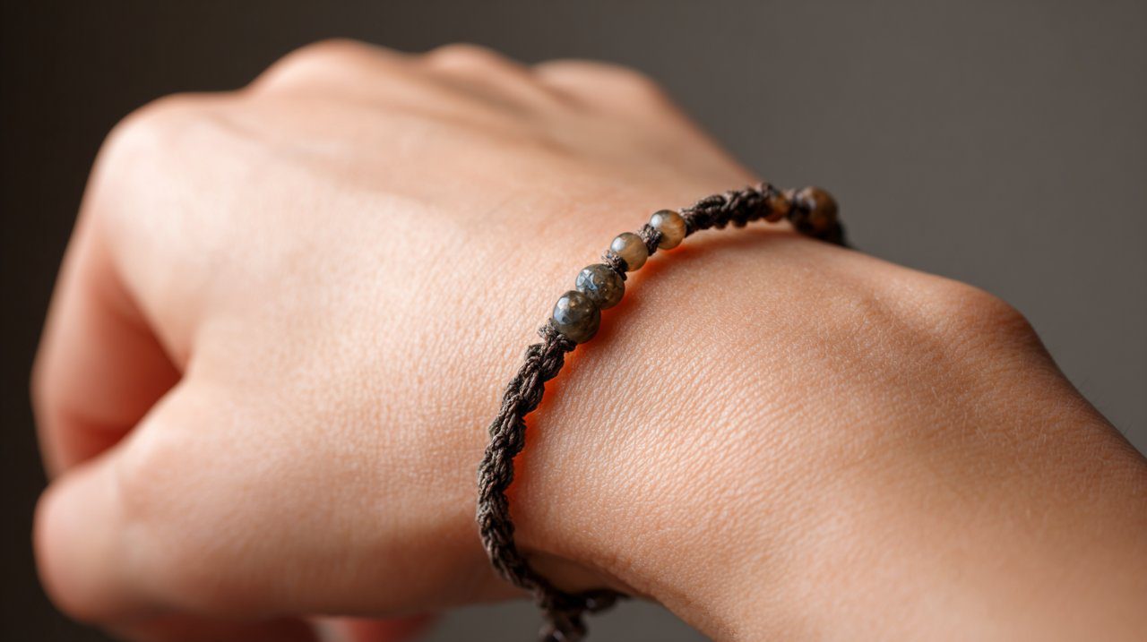 Una delicada pulsera de la buena suerte hecha de cuentas de piedra natural en una muñeca humana.