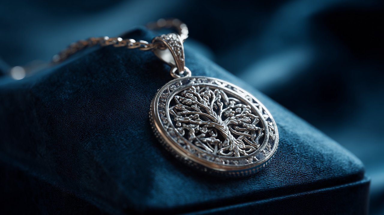 Un amuleto de plata elegantemente elaborado con símbolos de fuerza y prosperidad.