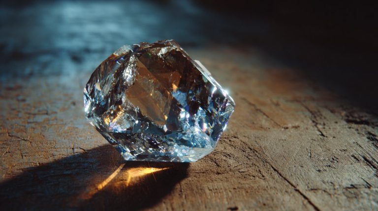 A raw, uncut crystal shimmering with natural light.