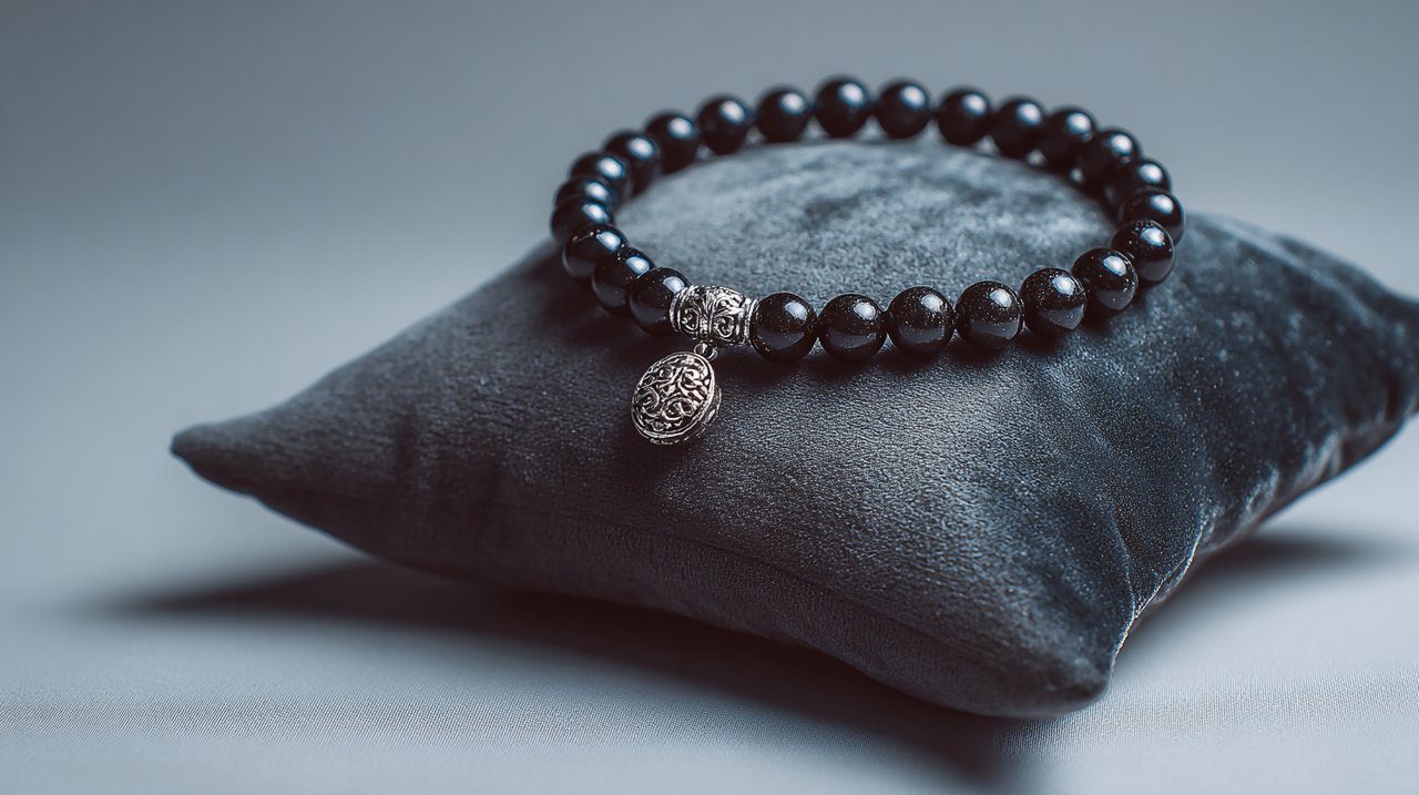 A delicate, handcrafted good luck bracelet made of polished obsidian beads with a silver charm.