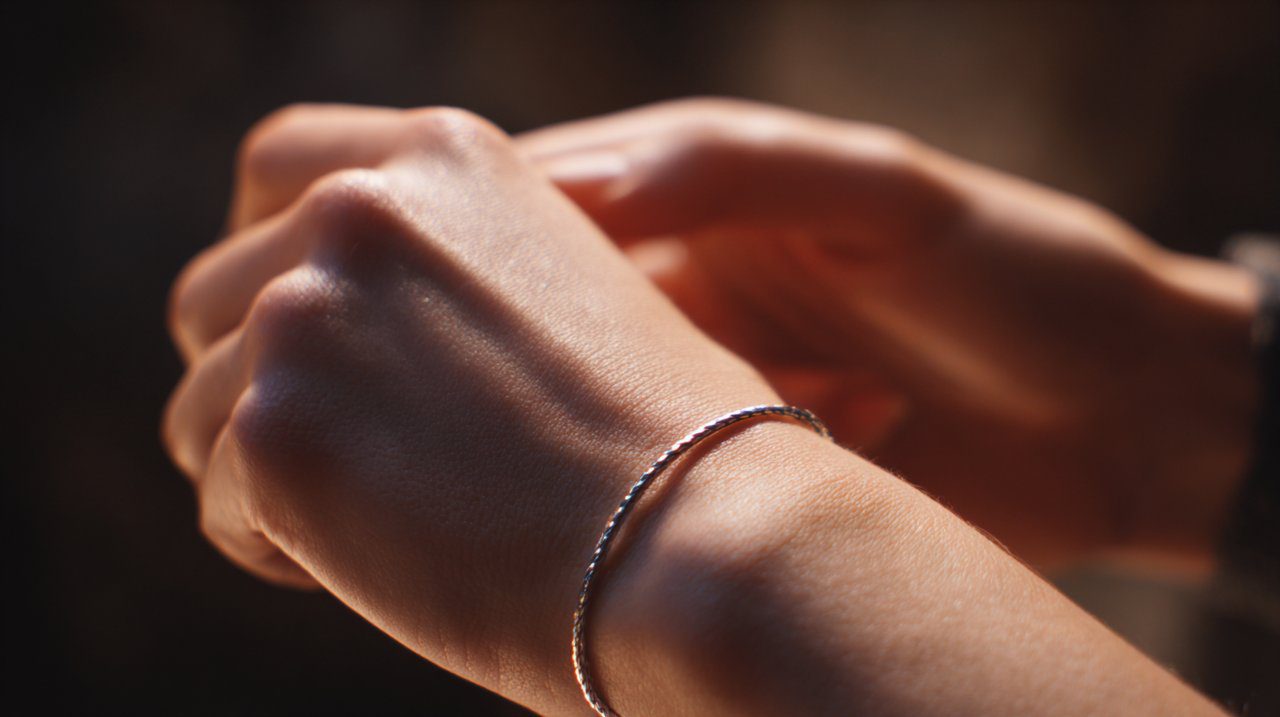 A hand gently touching a beautifully crafted beaded good luck bracelet on a wrist, emphasizing mindfulness and connection.