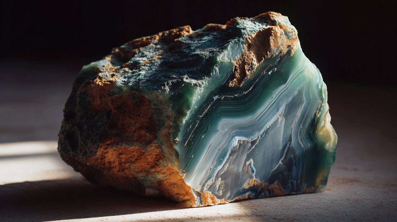 Piedra de ágata verde en bruto con capas visibles.