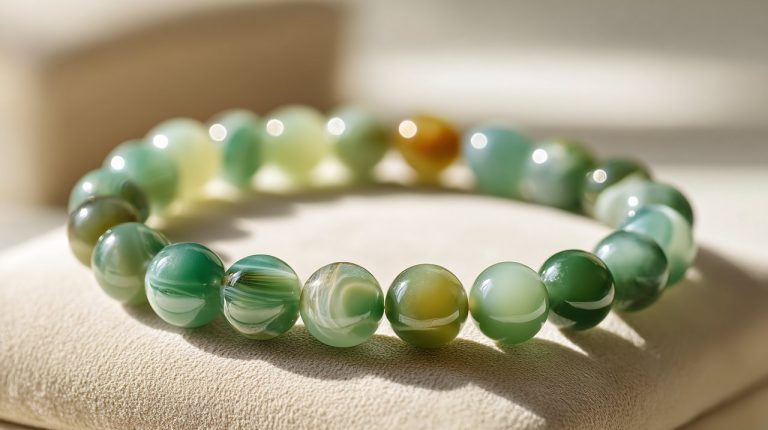 Elegant green agate beaded bracelet on a minimalist background.
