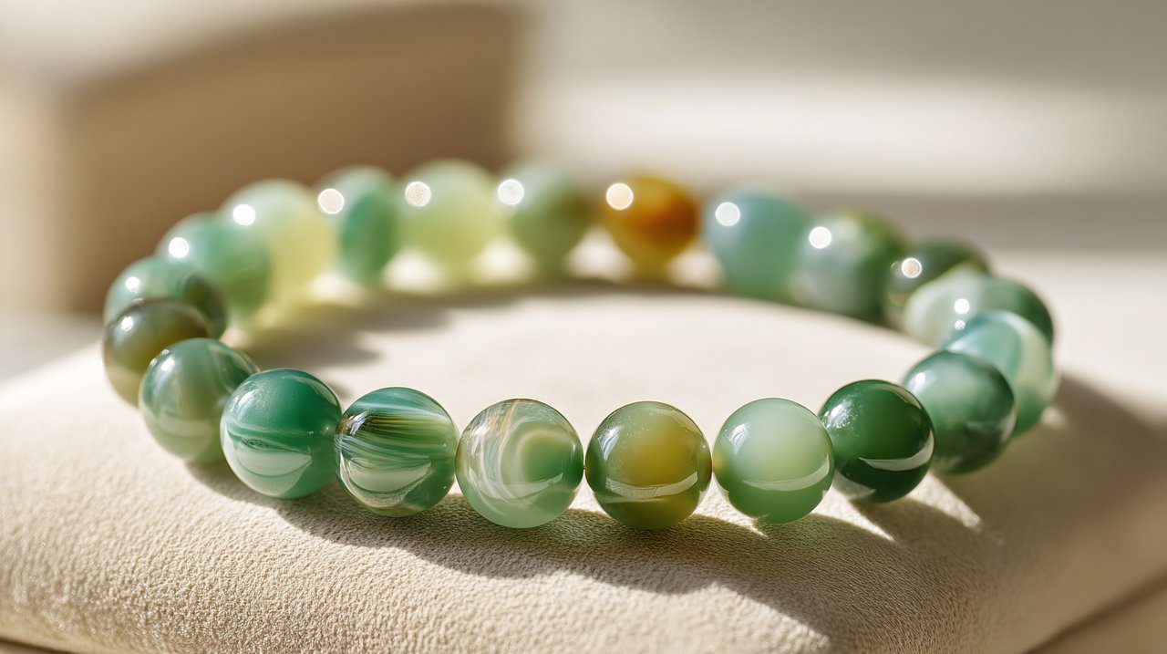 Elegante brazalete de cuentas de ágata verde sobre un fondo minimalista.
