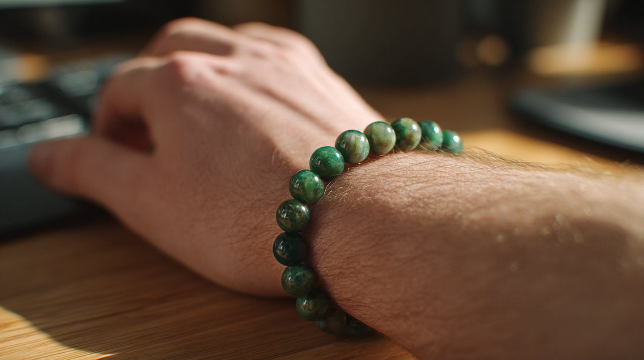 Brazalete de ágata verde en una muñeca, simbolizando intención y bienestar.