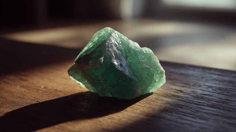 A raw, uncut green aventurine crystal on a natural surface.