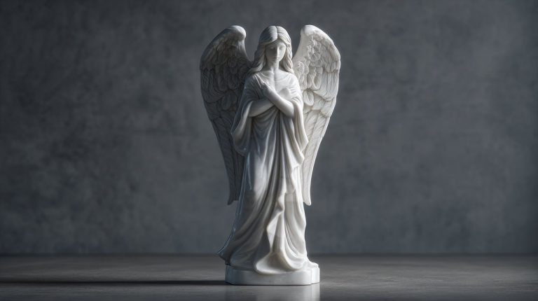 A serene white marble statuette of a guardian angel with delicate wings.