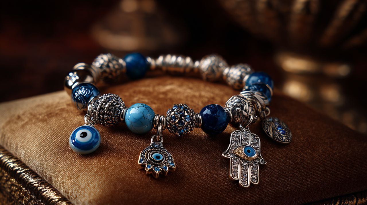 Pulseira protetora apresentando charms de Mão de Hamsá e Olho Grego.