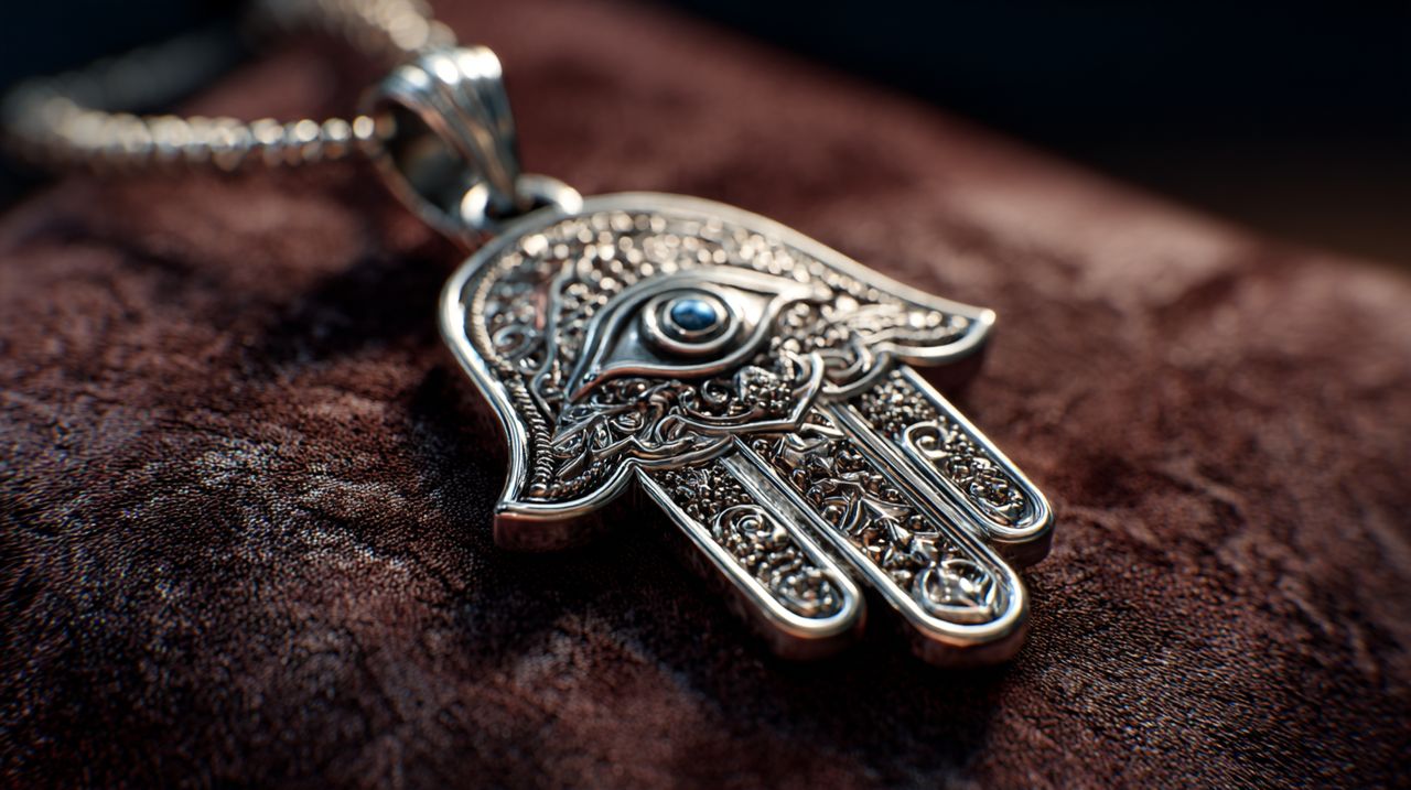 A detailed Hamsa hand pendant with a central eye motif.