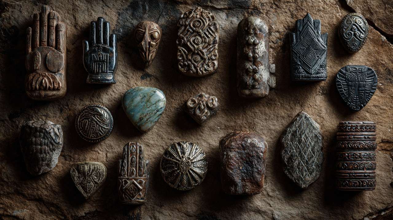 A collection of ancient hand protection amulets and carvings.