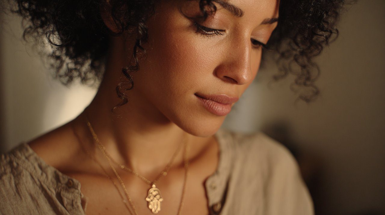 A modern woman wearing a delicate Hamsa hand necklace.