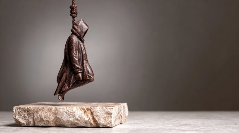A detailed wooden statuette of the Hanged Man tarot card.