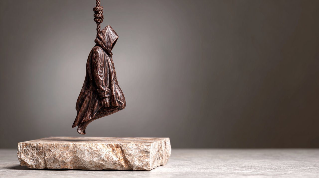 Una detallada estatuilla de madera de la carta del tarot de El Colgado.