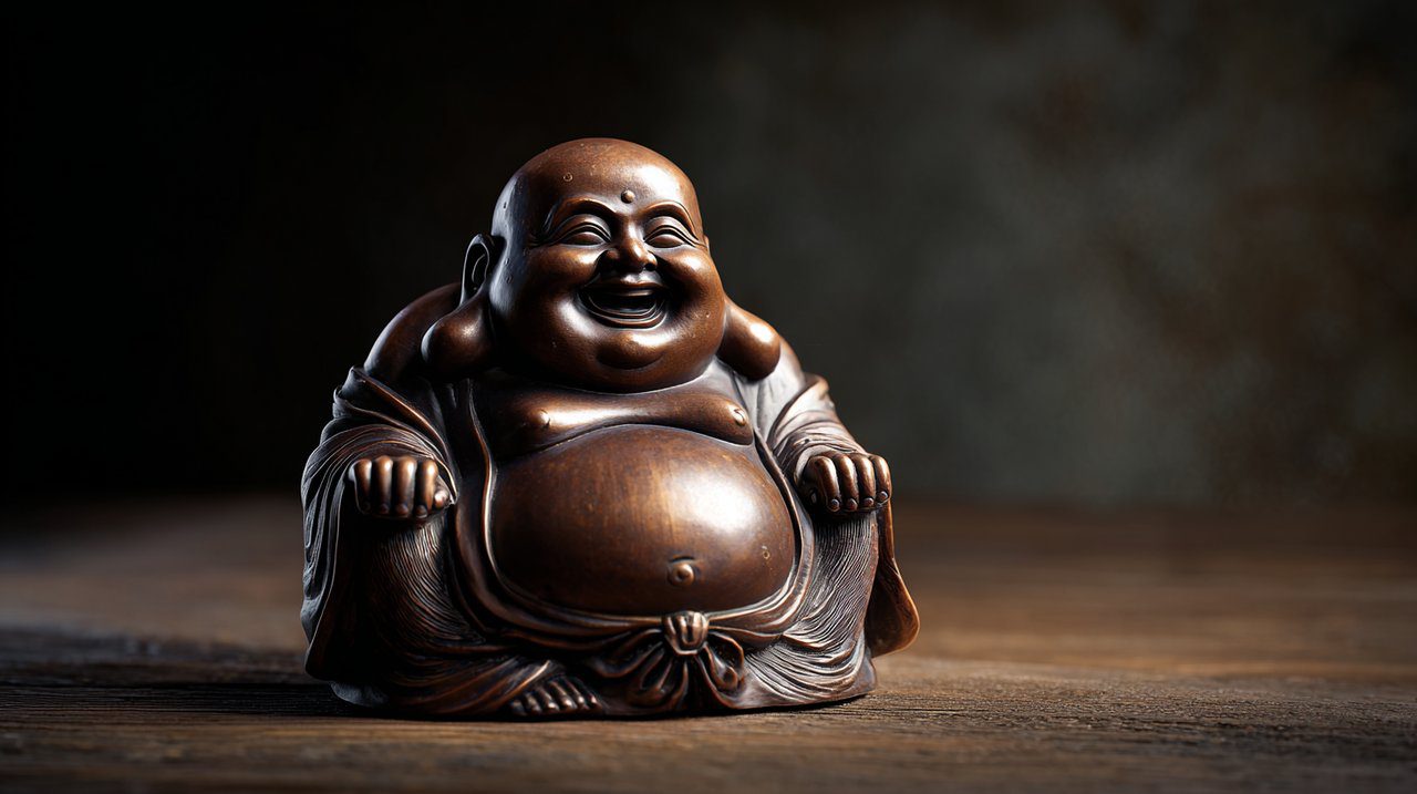 Eine ruhige, lächelnde Figur des Fröhlichen Buddhas.
