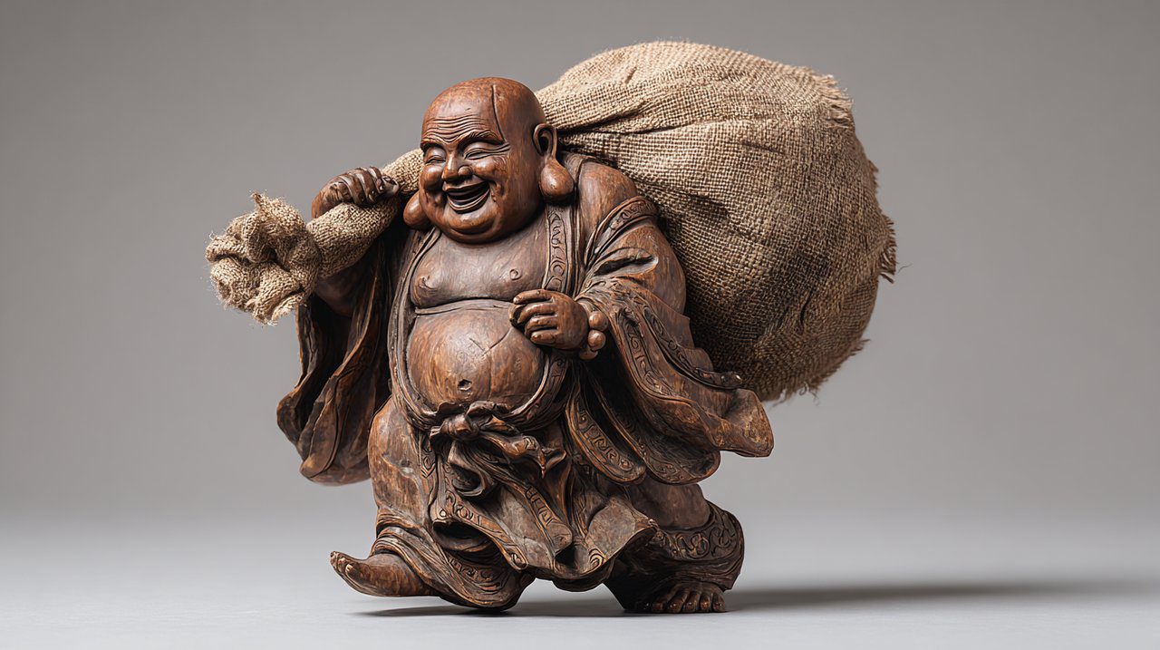 Statuette des Fröhlichen Buddhas mit einem Sack voller Schätze.