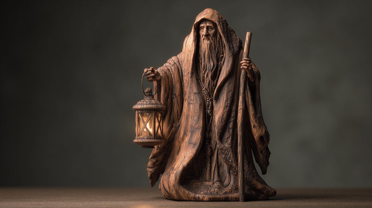 A detailed carving of The Hermit tarot card figure.