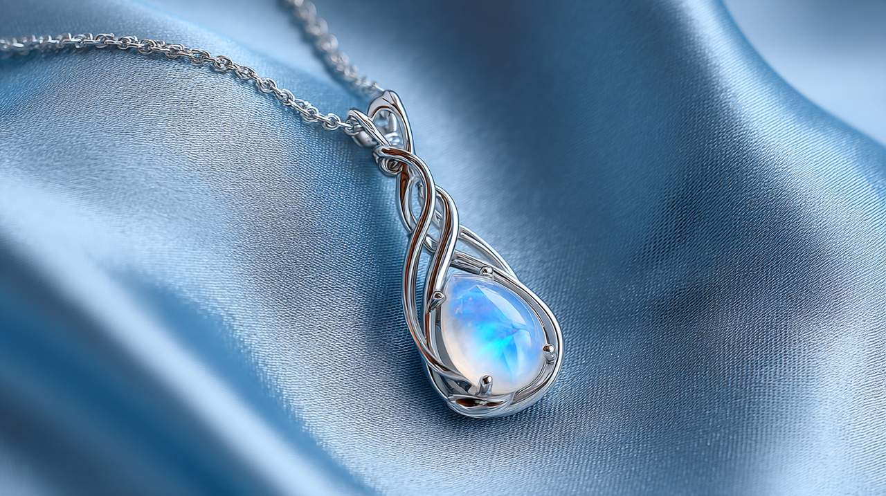 A silver pendant with a moonstone, symbolizing intuition.