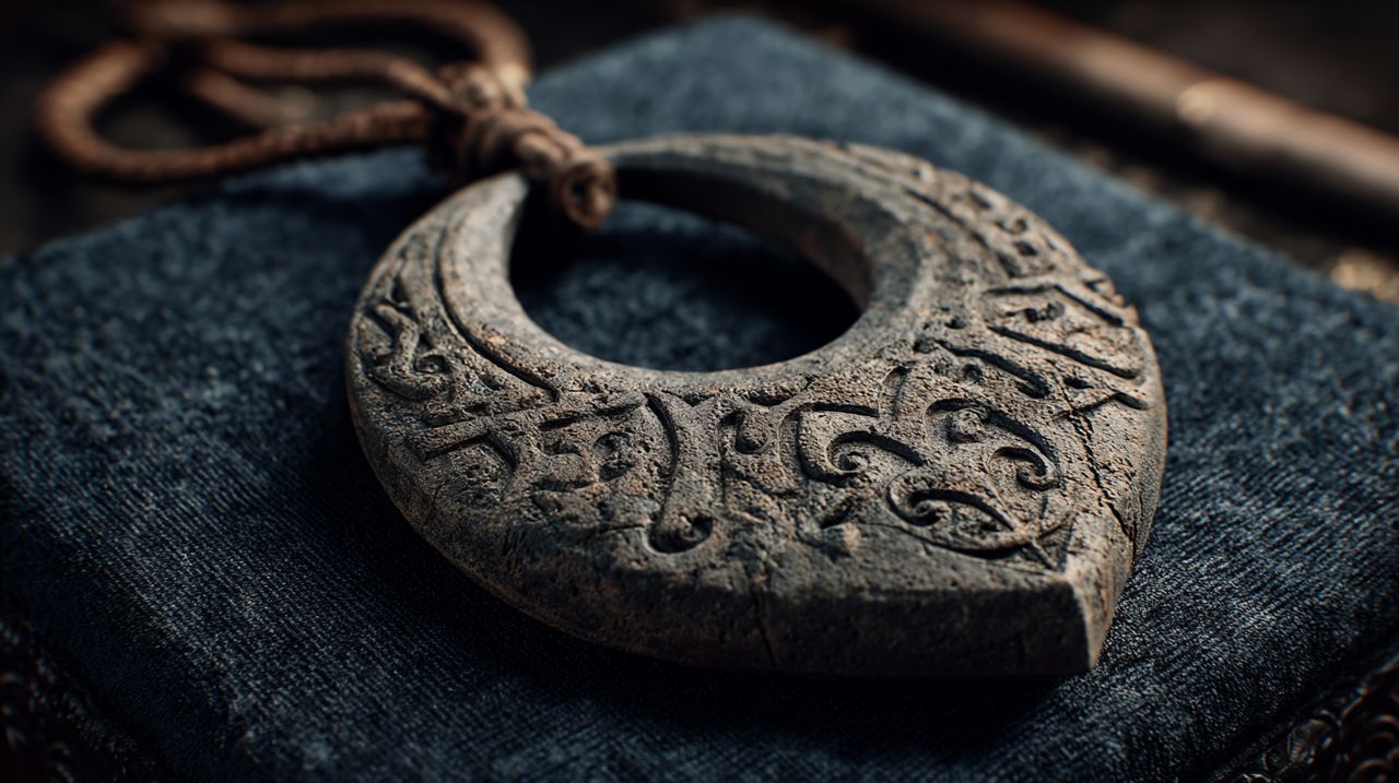 An ancient amulet featuring a veiled crescent moon.