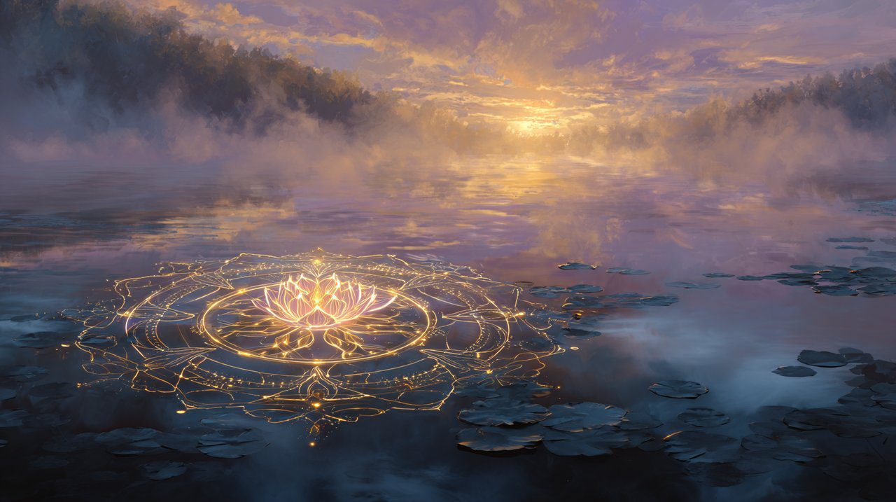 An ethereal inner compass glowing with soft light, symbolizing clarity and self-discovery on a serene, misty path.