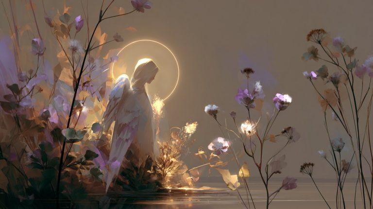 An ethereal guardian angel figure in soft, glowing light, surrounded by celestial elements and natural beauty, evoking comfort and spiritual guidance.