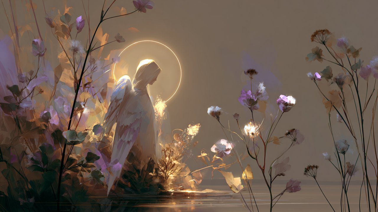 An ethereal guardian angel figure in soft, glowing light, surrounded by celestial elements and natural beauty, evoking comfort and spiritual guidance.