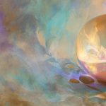 A tranquil digital painting showing a swirling, luminous orb of soft purples, healing greens, warm golds, and earthy tones, symbolizing a personalized power color palette. The scene features soft-focus natural elements like crystals and plants, bathed in warm, organic light, evoking serenity and healing energy.