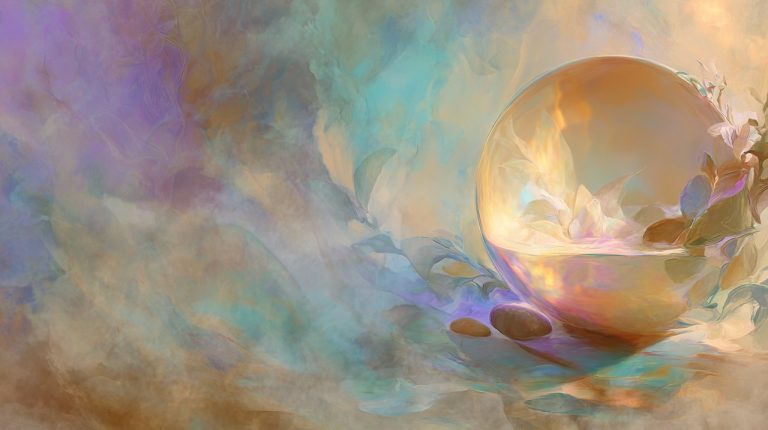 A tranquil digital painting showing a swirling, luminous orb of soft purples, healing greens, warm golds, and earthy tones, symbolizing a personalized power color palette. The scene features soft-focus natural elements like crystals and plants, bathed in warm, organic light, evoking serenity and healing energy.