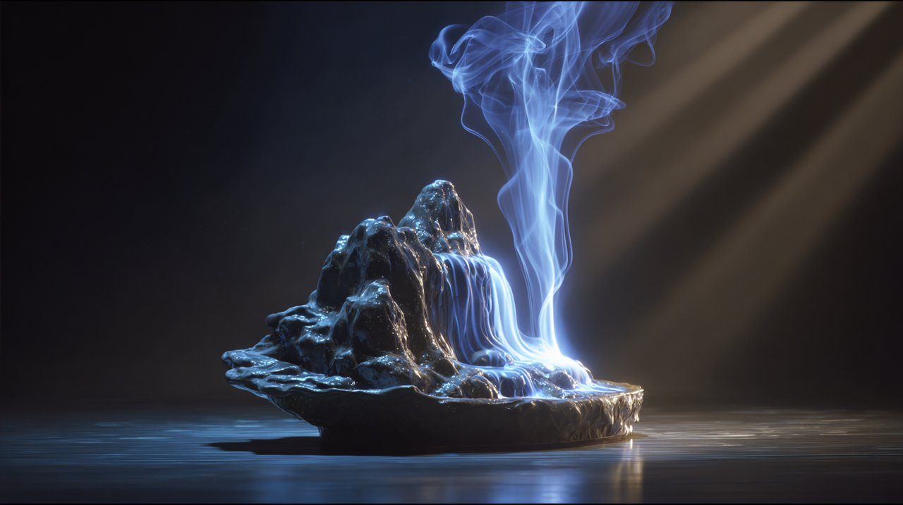 Um incensário de fluxo reverso com fumaça fluindo como uma cachoeira.