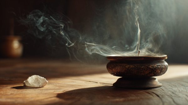 A traditional incense burner with rising smoke, next to an uncut crystal.