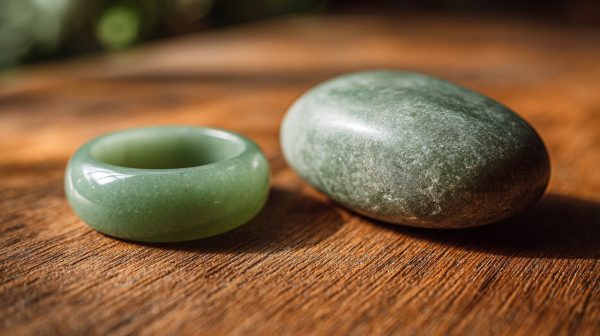 A smooth, polished jade worry stone or ring, representing grounded wisdom.