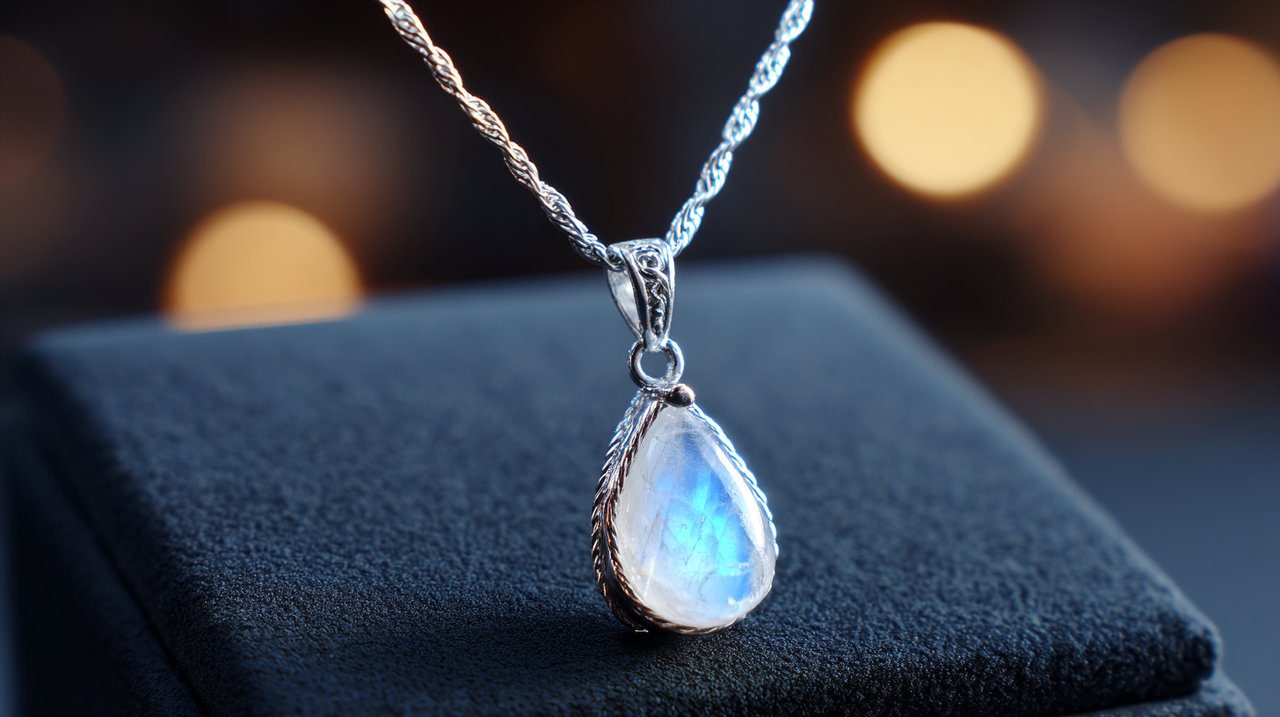 A delicate silver pendant with a polished moonstone, symbolizing guidance.