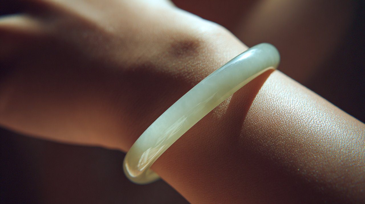 A delicate jade bangle worn on a woman's wrist.