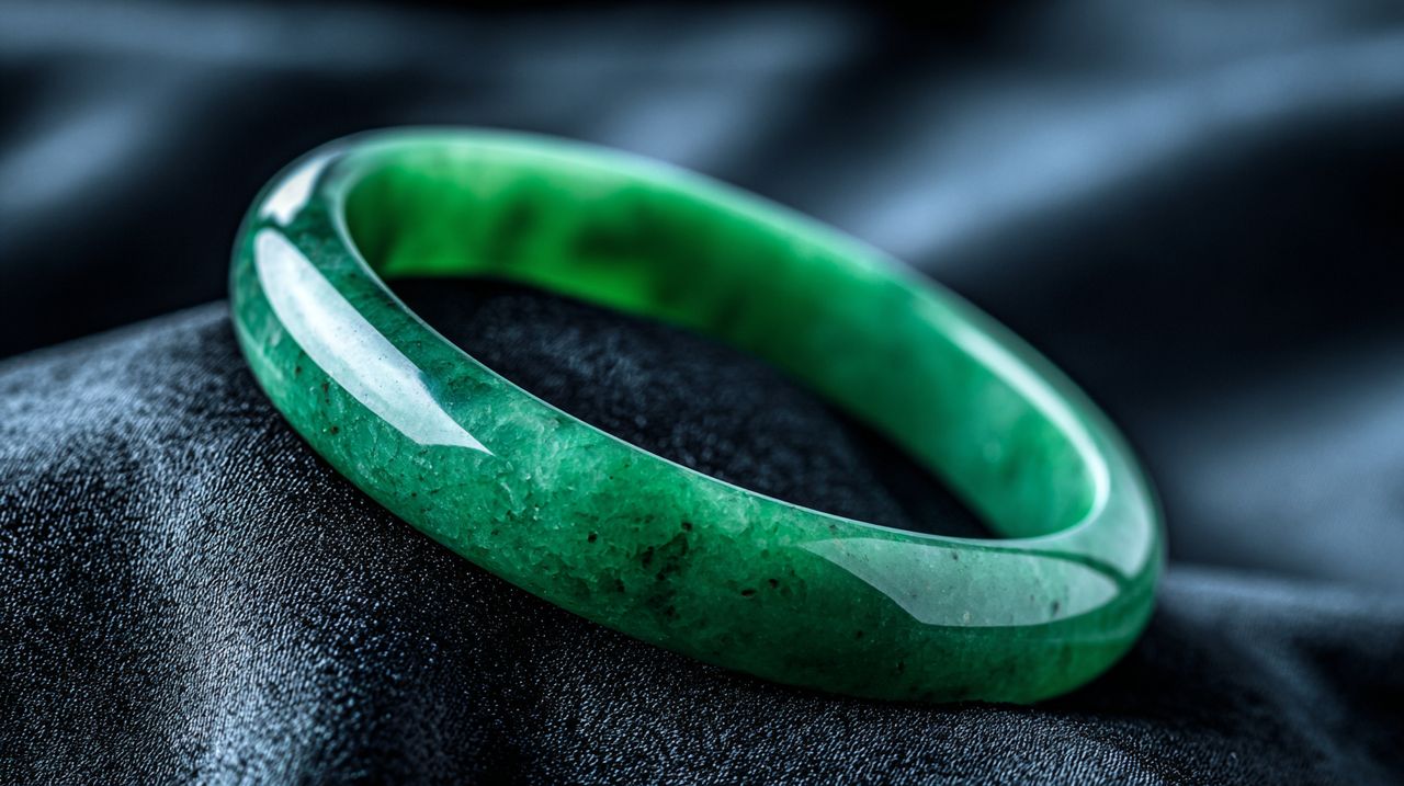 A pristine, polished jade bangle displayed on a velvet cushion.