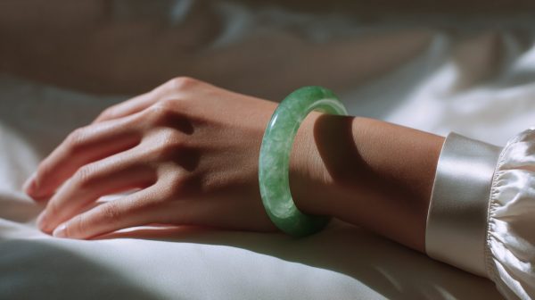 Una pulsera de jade verde suave y translúcida llevada en la muñeca de una mujer.