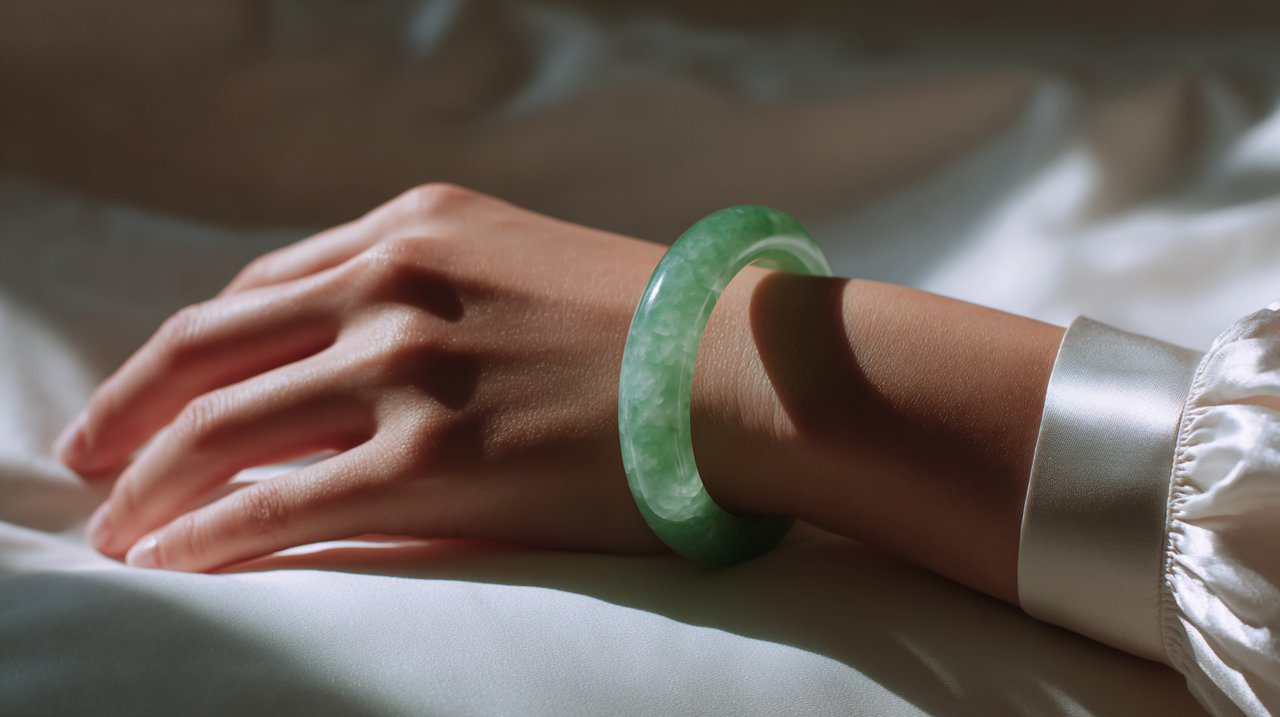 Uma pulseira de jade verde lisa e translúcida usada no pulso de uma mulher.