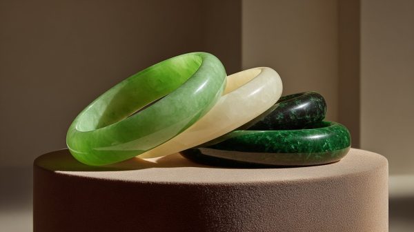Un surtido de pulseras de jade de diferentes colores y tipos.