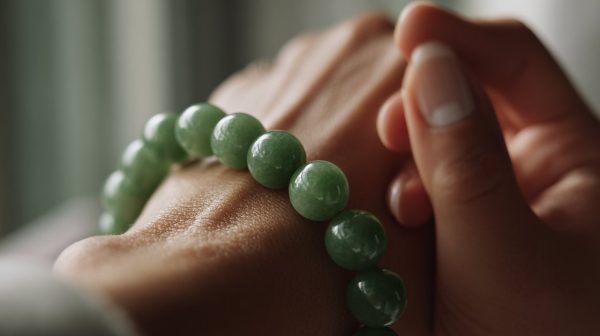 Una mano tocando suavemente una pulsera de cuentas de jade, simbolizando la atención plena.
