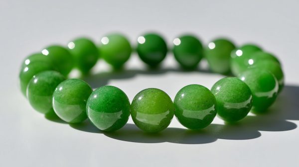 Una pulsera de cuentas de jade verde vibrante sobre un fondo minimalista.