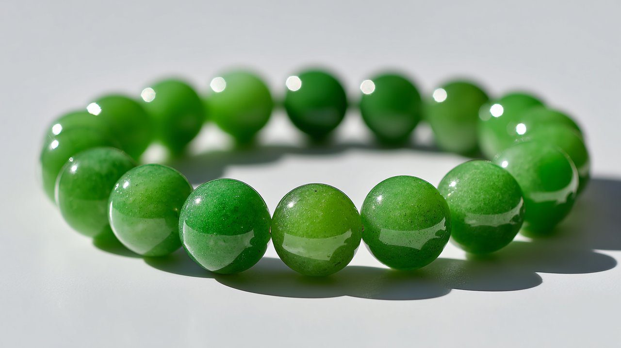 Uma pulseira vibrante de contas de jade verde em um fundo minimalista.
