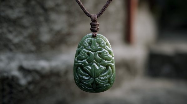 Sebuah liontin giok yang diukir dengan rumit, menampilkan seni tradisional.