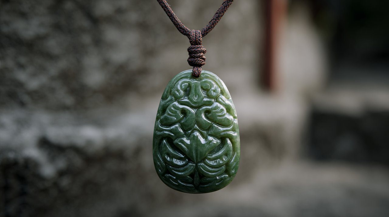 Um pingente de jade intrincadamente esculpido, exibindo arte tradicional.
