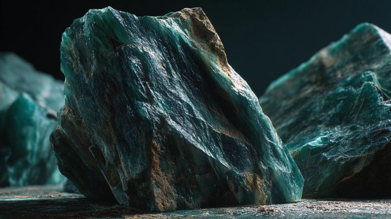 A large, raw, uncut jade stone, showing its natural texture.