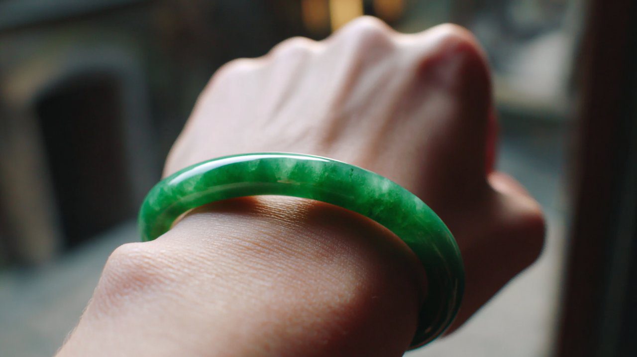 Tangan mengenakan gelang giok tradisional, melambangkan kedamaian.
