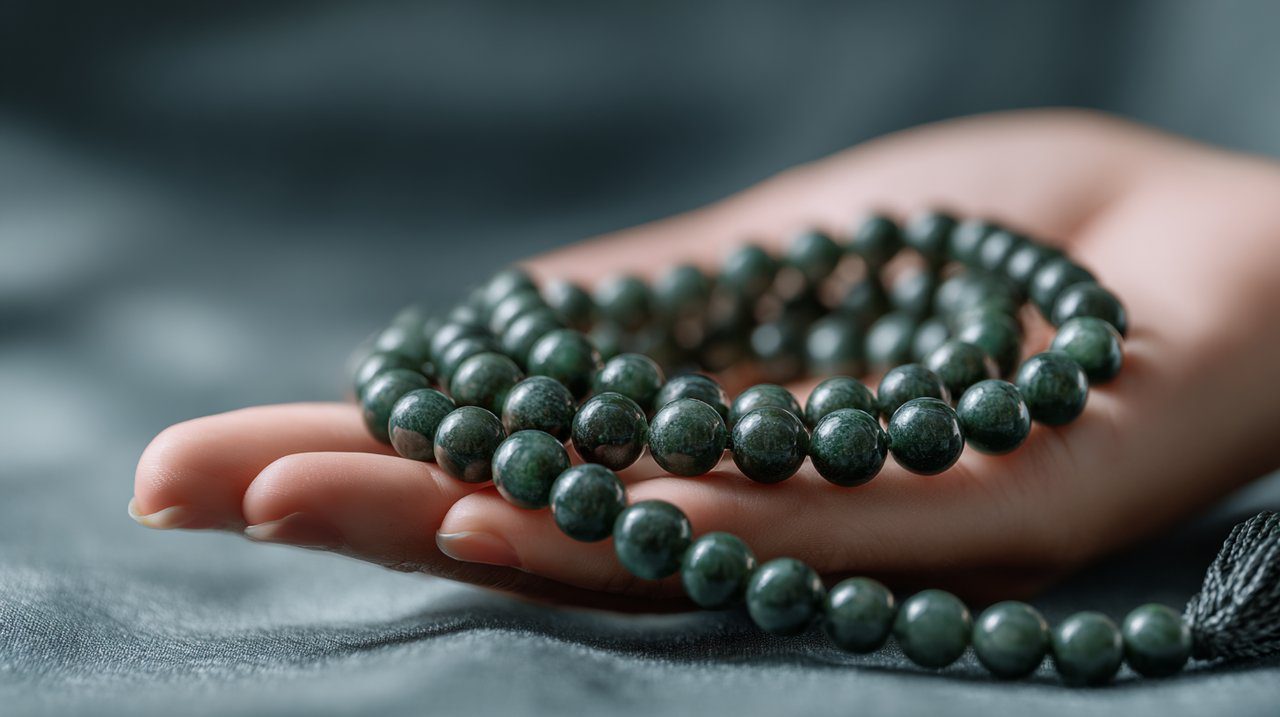 Contas de oração budistas de jade em uma mão durante a meditação