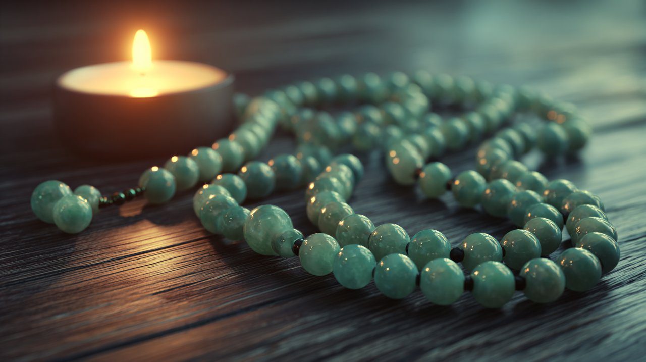 Colar de mala de jade ao lado de uma vela acesa