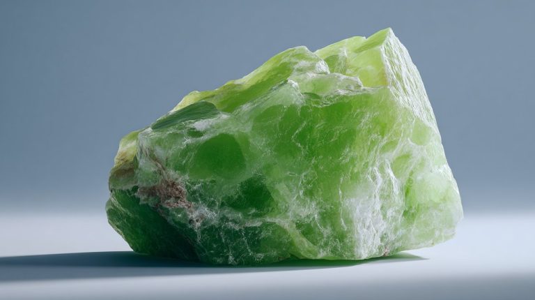 Raw, uncut jade crystal showing natural green hues